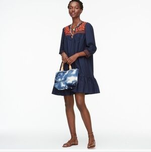 J. Crew Women's Navy Blue Embroidered Popover Ruffle Hem Dress Size Medium Lined